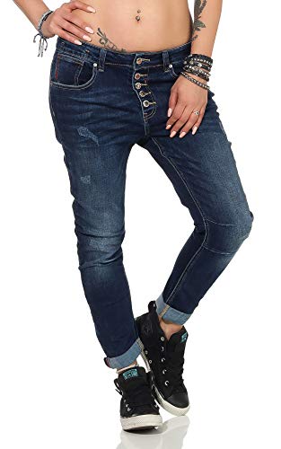 Fashion4Young Damen Jeans Hose Baggy Slim-Fit Dunkelblau