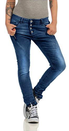 Fashion4Young Damen Jeans Hose Baggy Slim-Fit blau