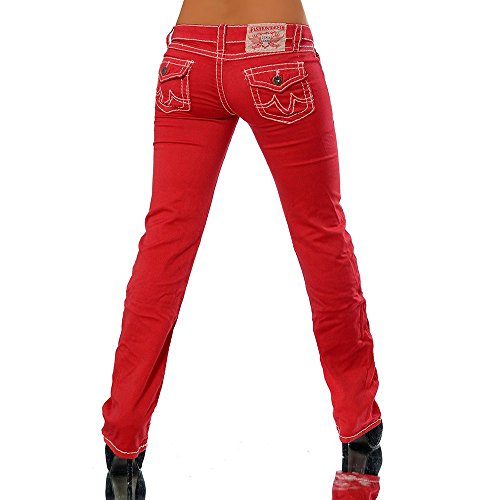 H922 Damen Bootcut Jeans Hose Damenjeans Hüftjeans Gerades Bein Dicke Naht Nähte, Farben:Rot;Größen:38 (M) - 