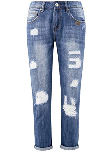 oodji Ultra Damen Boyfriend Jeans in Used-Optik, Blau, 26W / 32L (DE34 = EU36 = XS) - 
