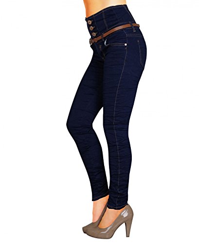 Damen Jeans Hose Skinny Corsage High Waist Röhrenjeans inkl. Gürtel (434), Grösse:36, Farbe:Dunkelblau - 