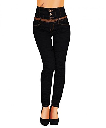 Damen Jeans Hose Skinny Corsage High Waist Röhrenjeans inkl. Gürtel (434), Grösse:36 Schwarz, Farbe:Schwarz - 