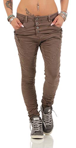 Fashion4Young Damen Röhrenjeans Hose Boyfriend Baggy Slim-Fit Dunkelbraun