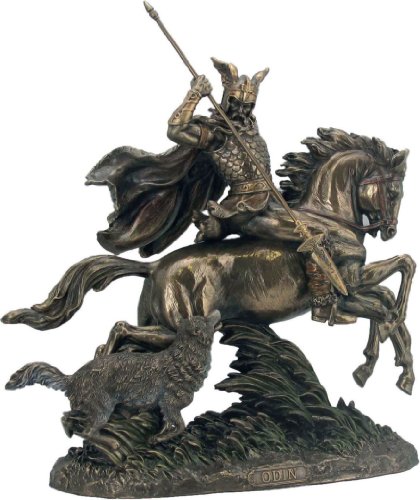 Göttervater Odin auf 8 flüssigem Pferd Sleipnir mit Wolf + Speer bronziert Sammel Figur