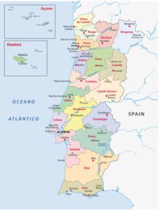 Verwaltung bzw. politische Karte Portugals mit 18 Distrikten 2 autonomen Regionen