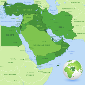 Karte des Nahen Ostens mit Ländern und Lage auf dem Globus