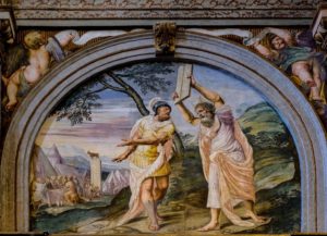 Mailand, Italien - 25. Juli 2017: Fresko, das Moses mit den Zehn Geboten in der Kirche St. Maurice al Monastero Maggiore darstellt, Bildnachweis: DRIMOROND / Shutterstock.com