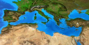 Reliefkarte vom Mittelmeerraum mit angrenzenden Gebirgen