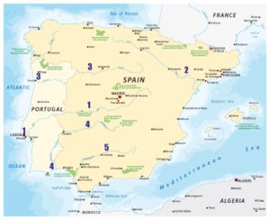 Landkarte mit Flüssen der Iberischen Halbinsel: 1. Tajo (Tejo) , 2. Ebro, 3. Duero (Douro), 4. Río Guadiana 5. Guadalquivir 