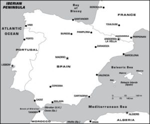Landkarte mit Großstädten auf der Iberischen Halbinsel