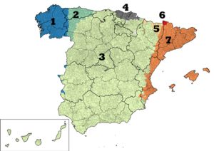 Sprachen in Spanien: 1. Galizisch, 2. Asturleonesisch, 3. Kastilisch (Spanisch) 4. Baskisch, 5. Aragonesisch, 6. Aranesisch, 7. Katalanisch