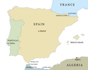 Iberische Halbinsel mit Portugal, Spanien, Andorra und Gibraltar, Die Balearen im Mittelmeer gehören zu Spanien