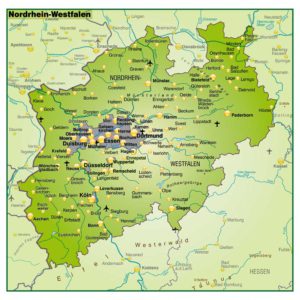 Die Lage des Ruhrgebietes in Nordrhein-Westfalens (grau schattiert)