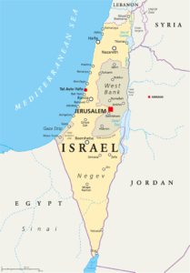 Karte von Israel mit Grenzen und Nachbarstaaten, dem Gaza-Streifen im Westen und dem Westjordanland (Westbank) im Osten als umstrittene Palästinensergebiete