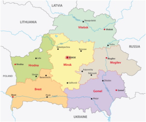 Politische Karte von Belarus mit 6 Bezirken (Oblast) und 1 Stadt