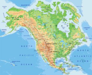 Reliefkarte Nordamerikas mit den Rocky Mountains im Westen und den Appalachen im Osten 