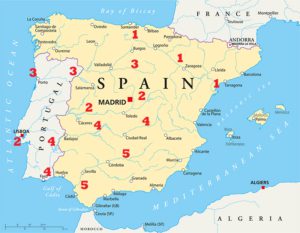 Spaniens größten Flüsse: 1. Ebro, 2. Tajo (Tejo), 3. Douro (Duero), 4. Guadiana, 5. Guadalquivir