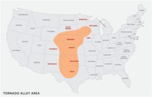 Karte der Tornado Alley Area in den USA