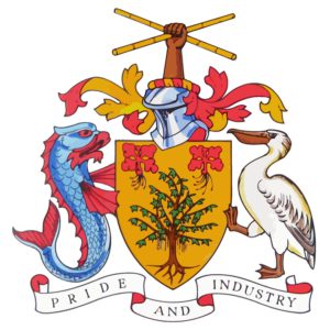 Wappen von Barbados mit Wappentieren (Symbolik - siehe unten)