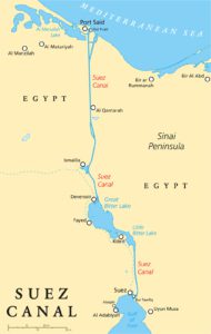 Der Suezkanal beginnt in Port Said (Ägypten) und verläuft bis zum Golf von Suez (Rote Meer)